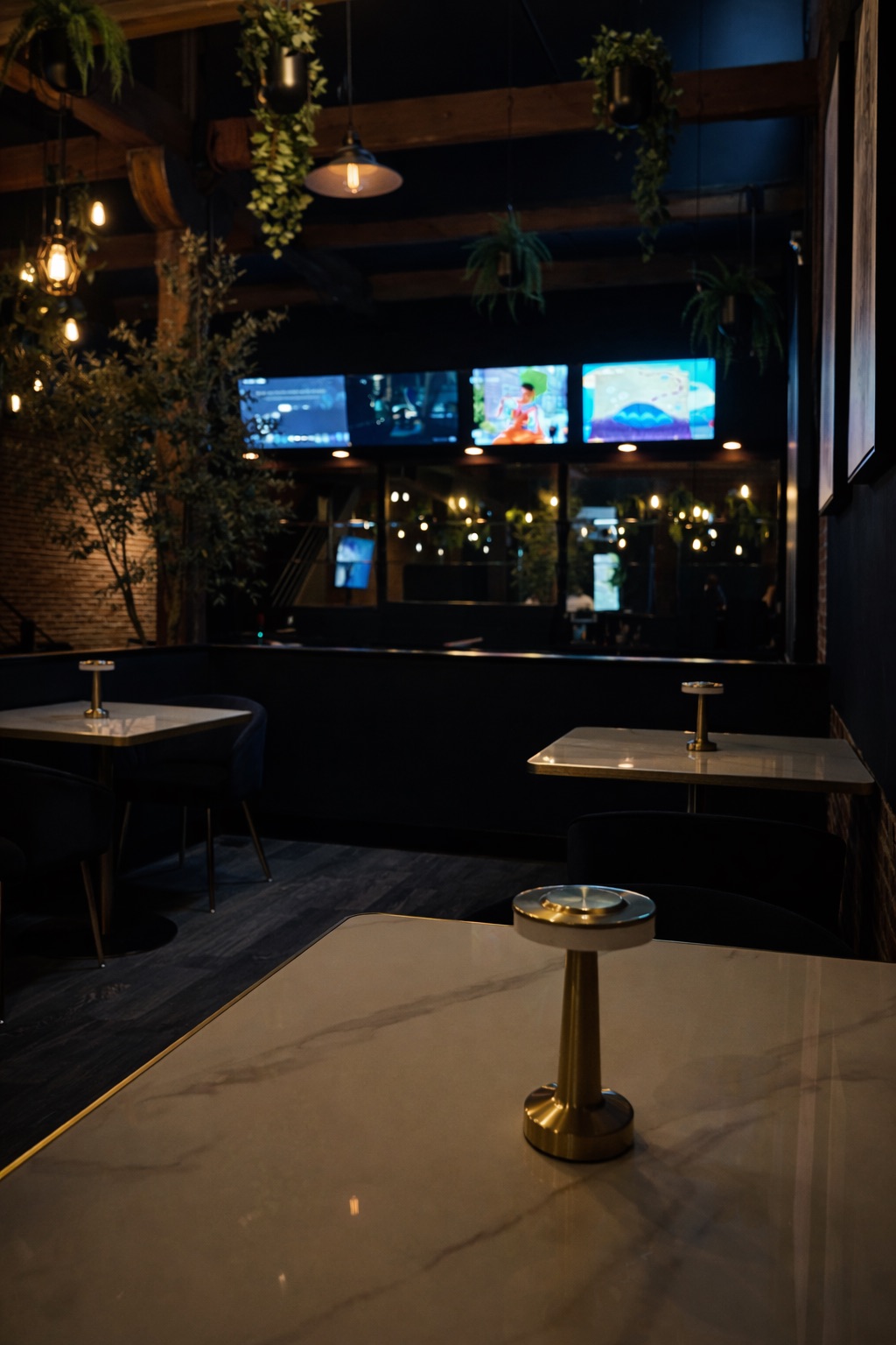 Marble table with brass lamp